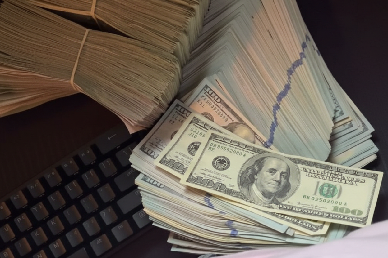Stacks of U.S. currency on a dark surface